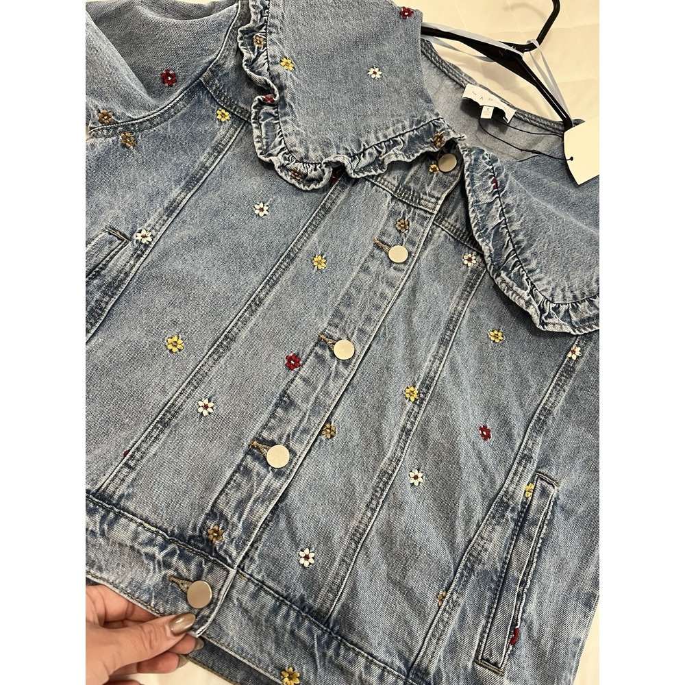 Cottagecore Denim Jacket Floral Embroidered Peter Pan Collar Coquette Fairycore - Picture 8 of 16